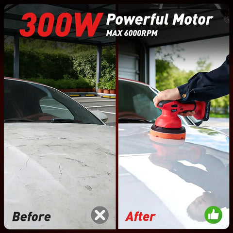 Cordless Car Buffer Polisher Kit with 2x2000mAh 21V Batteries used for car detailing before and after comparison