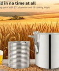 3/8 in x 50 ft 304 stainless steel immersion tubing coil front view beside a stainless beer brewing kettle and barley.