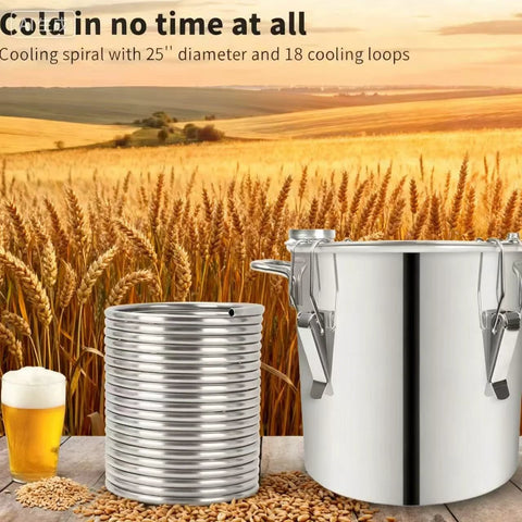 3/8 in x 50 ft 304 stainless steel immersion tubing coil front view beside a stainless beer brewing kettle and barley.