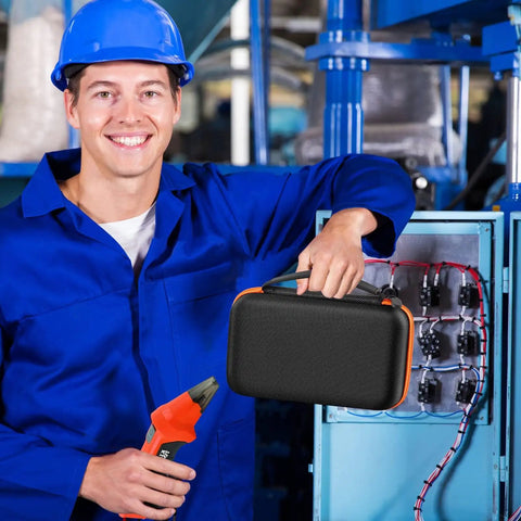 Electrician with Tough As Nails Case For Klein Tools ET310 AC Circuit Breaker Finder and Integrated GFCI Outlet Tester in hand