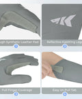 Close-up of Sol Armis Pro UPF 50 Plus Fishing Gloves with FrostWeave Cooling, showing synthetic leather pad and reflective logo.