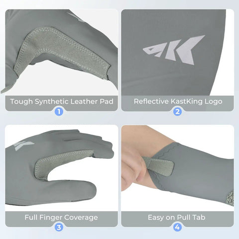 Close-up of Sol Armis Pro UPF 50 Plus Fishing Gloves with FrostWeave Cooling, showing synthetic leather pad and reflective logo.