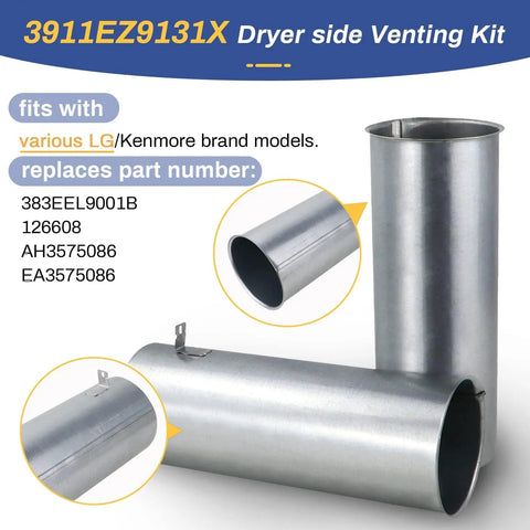 Upgraded Dryer Venting Kit With Side Or Bottom Venting showing two metal ducts for efficient airflow.