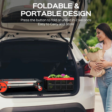 Collapsible Shopping Cart With Wheels 200 Lb Capacity in car trunk with groceries, showcasing foldable design and portability, red build.