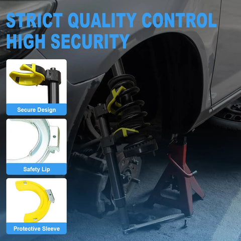 MacPherson Strut Spring Compressor Kit With Interchangeable Fork Attachments shown in action on car suspension.