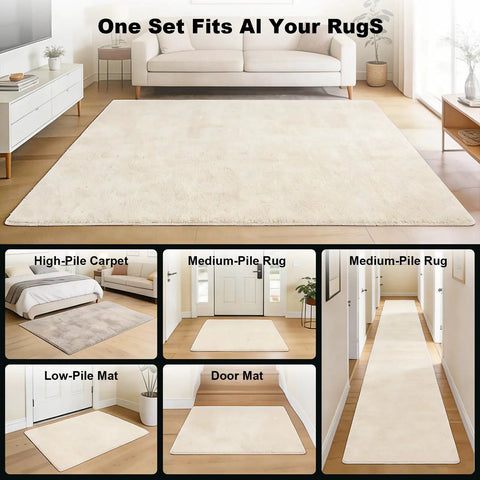 Rug Tape Kit With 24 Pcs No Glue Silicone Bottom For Strong Hold Anti Slip Pads on various rugs in a living room setup.