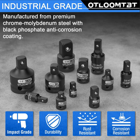 11 Piece Impact Socket Adapter And Swivel Socket Set In Chrome Moly Steel on display showing various sizes and features.