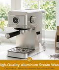 Compact Stainless Steel Espresso Machine With 20 Bar Pump And Pro Steam Wand, detailed view showing the steam wand and pressure gauge.