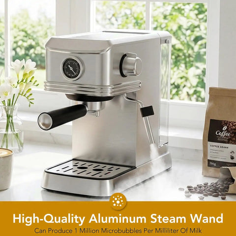 Compact Stainless Steel Espresso Machine With 20 Bar Pump And Pro Steam Wand, detailed view showing the steam wand and pressure gauge.