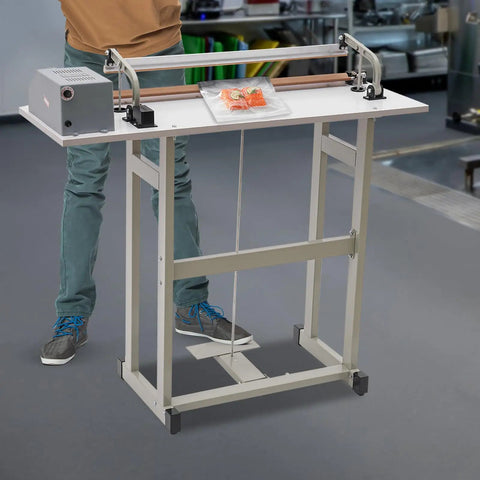 Solid Workhorse Foot Pedal Heat Sealing Machine 110V 850W in use sealing bags at a commercial workshop table.