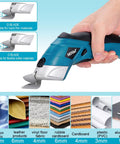 Smooth Cruising Cordless Electric Scissors 37 Volt Rechargeable Fabric Cutter with dual blades shown in hand for cutting various materials.