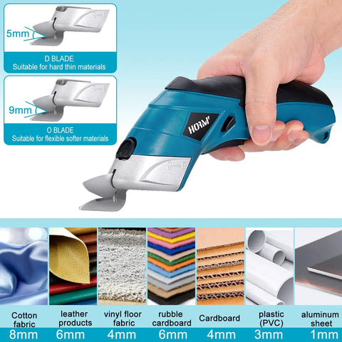 Smooth Cruising Cordless Electric Scissors 37 Volt Rechargeable Fabric Cutter with dual blades shown in hand for cutting various materials.