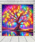 Tree Of Life Diamond Painting Kit For Adults Full Drill 5D Round Diamond Art Beginners Friendly DIY Dots Painting Home Decor 13.78x13.78 Inches Easy To Read Legend Thick Canvas Vivid Color Palette For Stunning Wall Art depicting a vibrant tree reflecting on water.