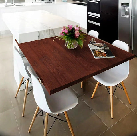 Dining table with Red Brown Wood Grain Peel And Stick Wallpaper With Waterproof Self Adhesive Backing, 78.7 by 17.7 inches.