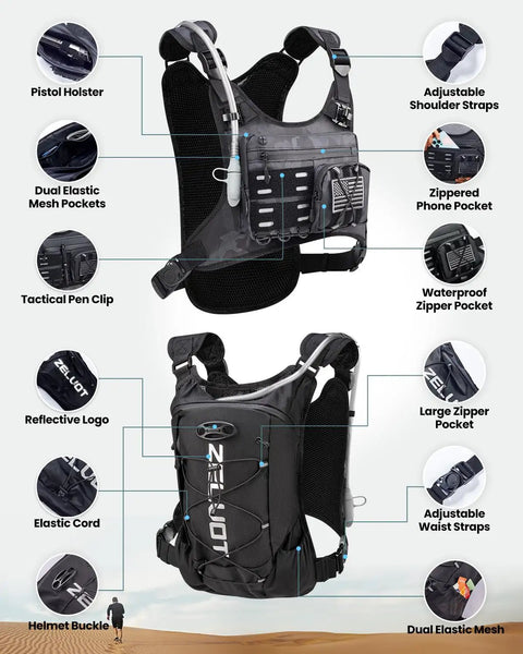 2L Water Bladder Hydration Chest Pack For Running, Lightweight Vest With 3 Waterproof Front Pockets, Black Camo, 12L M/L