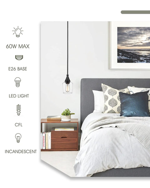 Bedroom with 2 Pack Black Pendant Light Set With Wine Glass Shade, Modern Hanging Ceiling Fixtures, Adjustable Height For Kitchen Island And Dining Room, Sleek Minimalist Lighting With Warm Glow, Dope Durable Construction For Everyday Home Use above a nightstand.