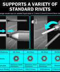 Zuyiyi Cordless Electric Rivet Gun For Makita 18V Battery Bare Tool showing varied nozzles for 2.4mm to 4.8mm rivets and specifications.