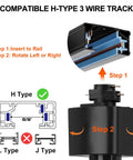Guide to installing dimmable LED track lighting heads for H type systems with 330 degree rotation and 90 degree tilt, black.