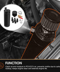 750ml Billet Aluminum 2 Port Baffled Oil Catch Can Kit with breather filter and drain valve, shown in automotive engine bay