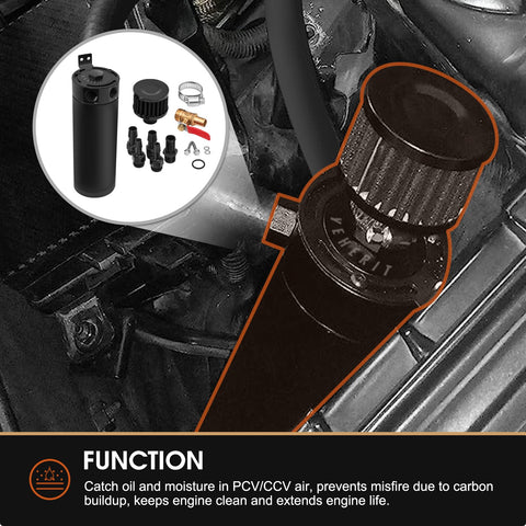 750ml Billet Aluminum 2 Port Baffled Oil Catch Can Kit with breather filter and drain valve, shown in automotive engine bay