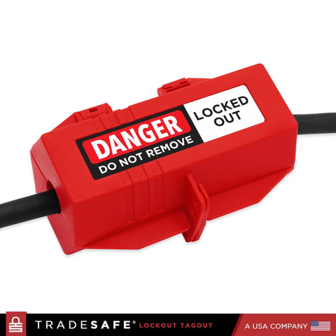 Heavy Duty 220 Volt Cord Lockout For Two Plugs Large Electrical Plug Lockout Device in red, installed on black cable