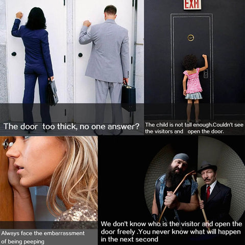 A collage showing challenges of traditional peepholes: difficulty reaching, limited view, and potential safety risks.