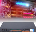 Ten Outlet Power Sequencer Conditioner With Independent Controls And Clear Digital Voltage Display For Touring Stages Amplifiers And Home Listening Rooms Us Plug connected to audio setup with glowing speakers in background.