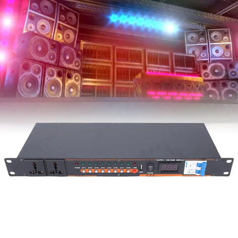 Ten Outlet Power Sequencer Conditioner With Independent Controls And Clear Digital Voltage Display For Touring Stages Amplifiers And Home Listening Rooms Us Plug connected to audio setup with glowing speakers in background.