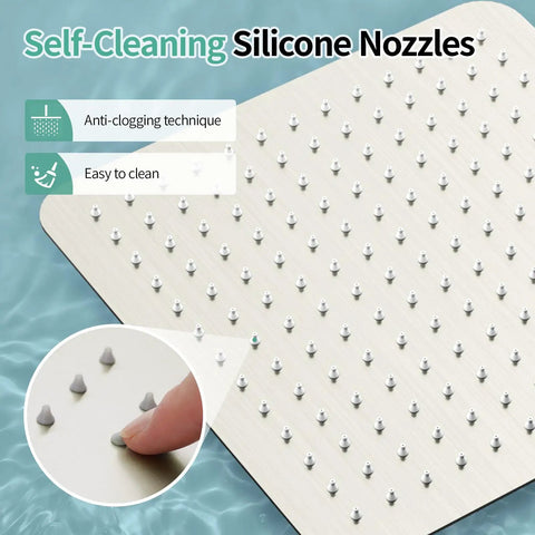 Self-cleaning silicone nozzles on 12 Inch Rain Shower Head High Pressure Rainfall Showerhead with easy cleaning feature.