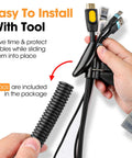 Hands holding black split wire loom beside cables, labeled as easy to install with tool, focus on 120 Ft Split Wire Loom Half Inch Black Tube Conduit For Automotive Wiring Protects Wires Under Hood With Easy Split Design High Heat Resistant Polyethylene.