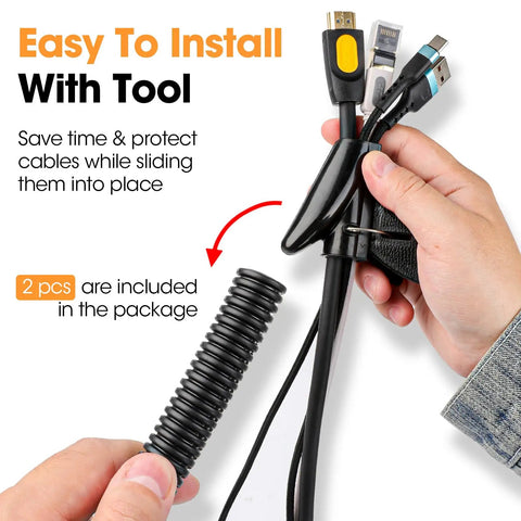 Hands holding black split wire loom beside cables, labeled as easy to install with tool, focus on 120 Ft Split Wire Loom Half Inch Black Tube Conduit For Automotive Wiring Protects Wires Under Hood With Easy Split Design High Heat Resistant Polyethylene.