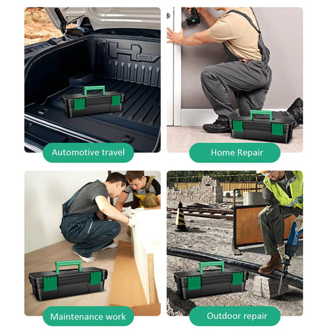 Kickass Tailgate Ready Tool Box Featuring An Unbreakable Hinged Lid And Grippy Top Carry Handle on a worksite floor, ideal for maintenance work.