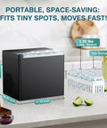 Portable Countertop Ice Maker That Churns Out 9 Ice Cubes In 6 Minutes, 26 Lbs Per Day, black unit on kitchen counter with basket