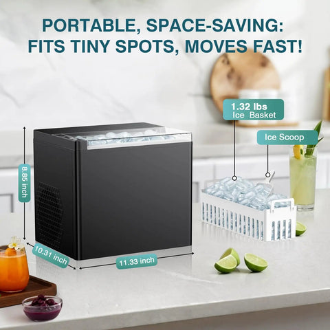Portable Countertop Ice Maker That Churns Out 9 Ice Cubes In 6 Minutes, 26 Lbs Per Day, black unit on kitchen counter with basket
