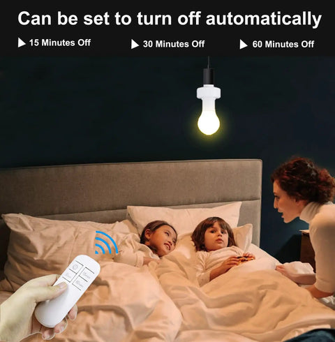 Remote Control Light Socket With Timer Kit For E26 And E27 Bulbs, No Wiring Required, being used in bedroom setting