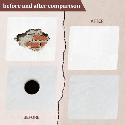 Before and after wall repair with Essential 25 Piece Drywall Patch Repair Kit With 4, 6, 8, And 10 Inch Patches Plus Scrapers
