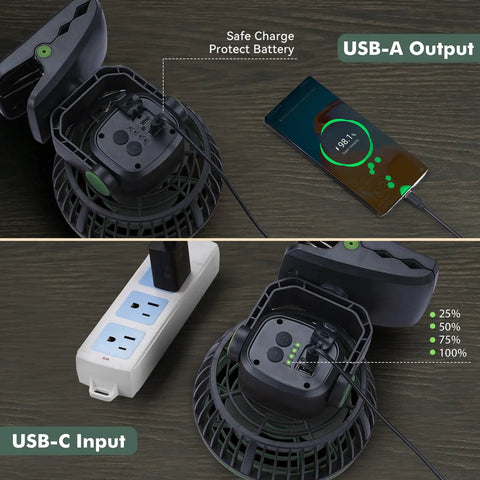 Clip On Camping Fan With LED Lantern Magnetic Base And Hanging Hook showing USB-C and USB-A ports, charging phone