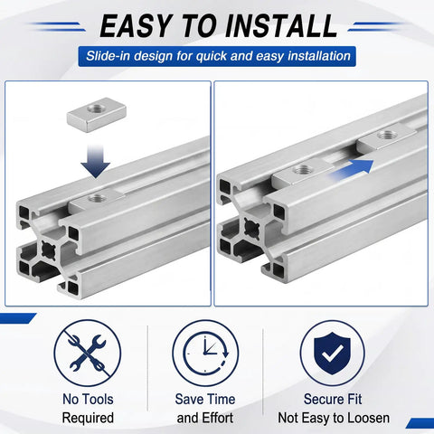 Real Deal M8 Sliding T Nuts For 4040 Aluminum Extrusion Bulk Pack Of 50 Zinc Coated Steel Block Fasteners installed in aluminum rails.