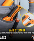 Ratcheting PVC Pipe Cutter For One Handed Use in a pocket showcasing secure latch storage, orange handle visible