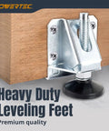 Heavy Duty Tough As Nails Adjustable Furniture Leg Leveler with nylon feet installed on wooden cabinet