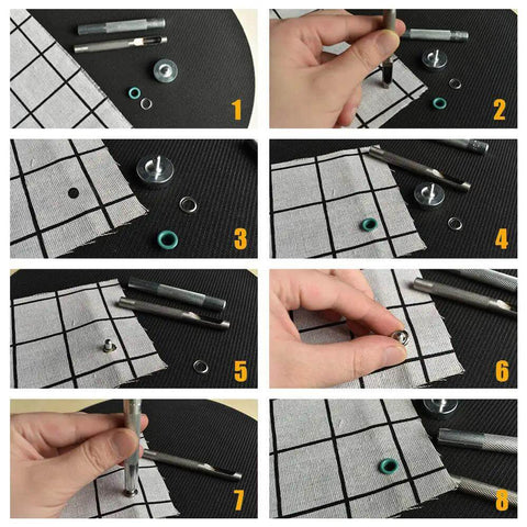 Step-by-step guide to using the 300 Set Metal Grommet Kit with Eyelets and Washers, includes base, punch, and install tool for DIY crafts.