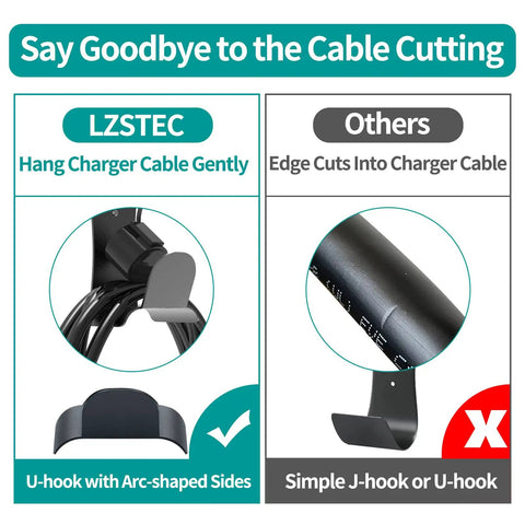 EV Charger Wall Mount Holder For SAE J1772 Cord Organizer showing U-hook with arc-shaped sides for gentle cable support.