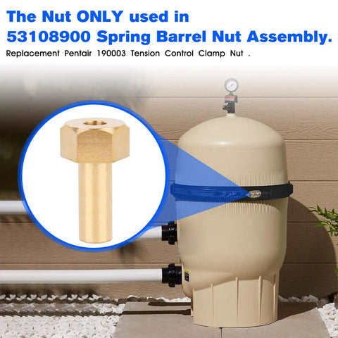 DE Filter Tank Clamp Nut No Fuss Replacement For Pool Filter Parts FNS Quad System shown with brass nut and pool filter