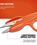 Close-up of orange lightweight speed cutter with stainless steel replaceable blades and positive spring-action opening.