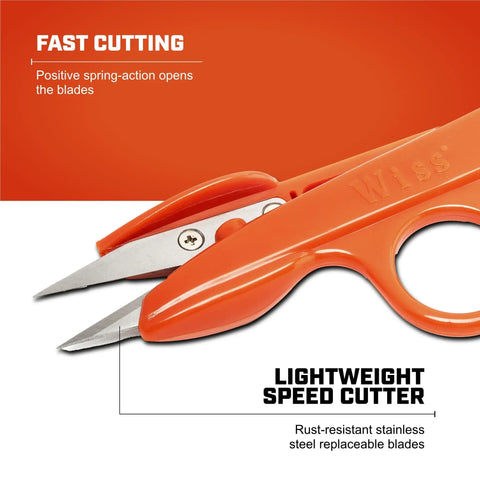 Close-up of orange lightweight speed cutter with stainless steel replaceable blades and positive spring-action opening.