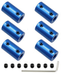 Pack Of Six 6Mm To 6Mm Bore Rigid Shaft Couplers In Blue Anodized Aluminum with M4 set screws and L wrench for precision tasks.