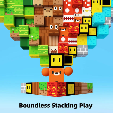 Colorful blocks and character illustration with 'Boundless Stacking Play' text, showcasing creative block building.