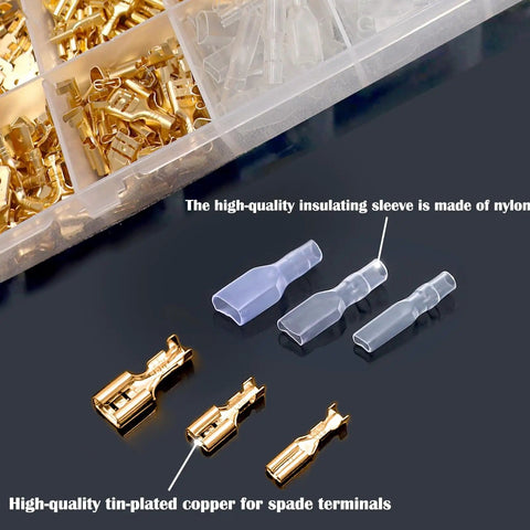 Close-up of 640 Piece Spade And Bullet Terminal Crimp Kit With Insulating Sleeves, showing nylon sleeves and copper terminals