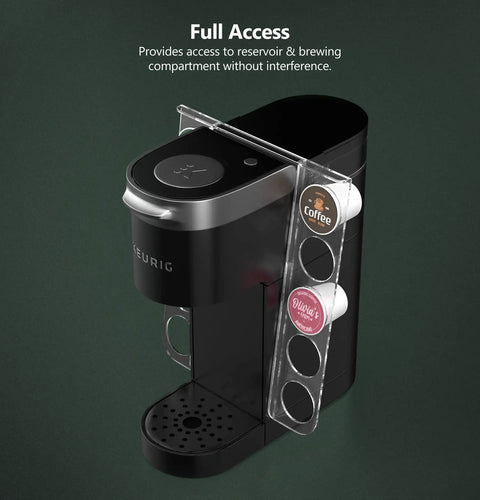 Keurig K Mini Cup Organizer Holder Holds 10 Pods Space Saving Acrylic Rack attached to coffee maker on the side