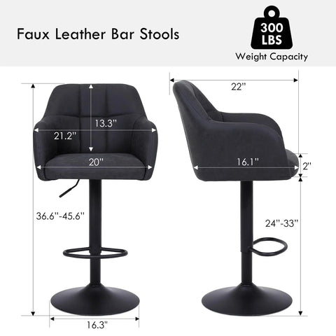 Swivel Adjustable Faux Leather Bar Stools Set Of 2 With Armrests Dope Modern Upholstered Counter Chairs Side and Front View